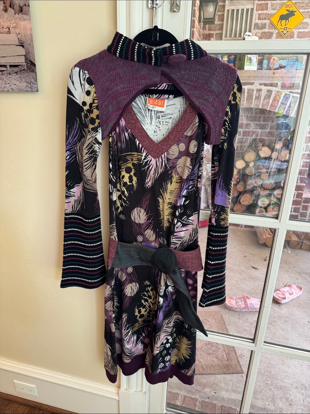 Purple Patterned Midi Dress with Knit Collar- and shrug- Italian size 44
